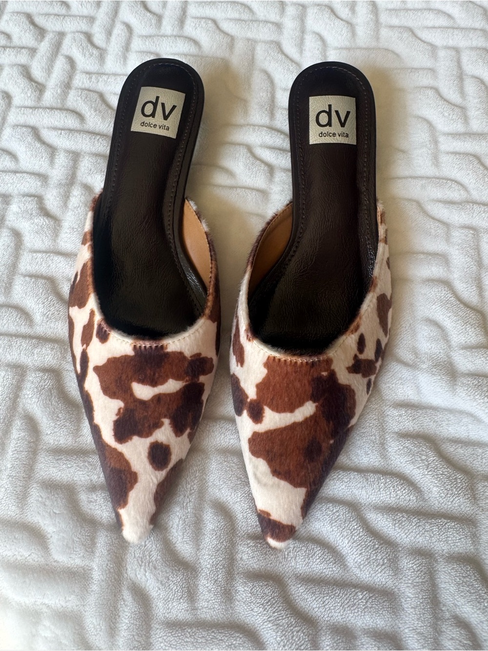 Dolce Vita Brown and White Cowprint Pointed Mules